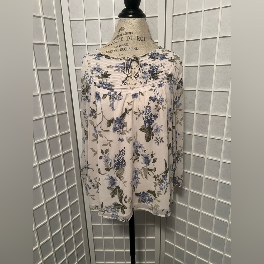 Floral Tie-Neck Long Sleeve Top - Cream and Blue